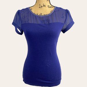 Express navy blue sheer puff sleeve knit top jewel collar